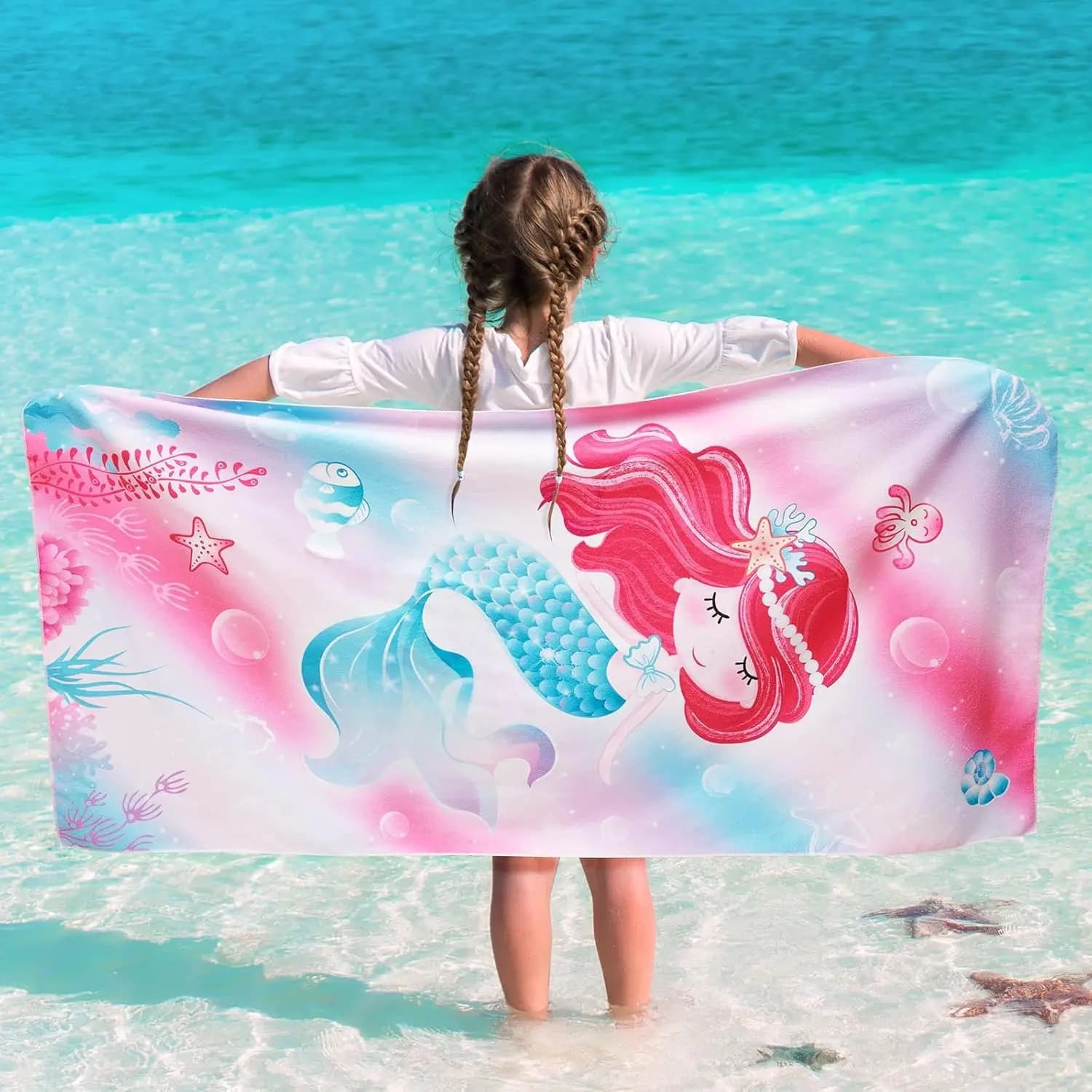 Asciugamano da spiaggia Magic Mermaid per ragazze, telo da bagno in microfibra senza sabbia ad asciugatura rapida con arte della principessa dell'oceano colorata per piscina e viaggi