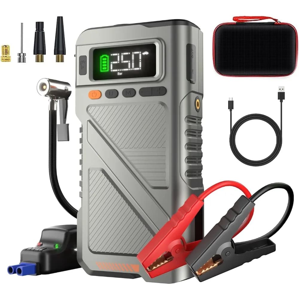 Avviatore di emergenza 9000A con compressore d'aria, scatola di emergenza portatile per caricabatteria da auto per auto con gonfiatore per pneumatici da 150 PSI, alimentatore Jumpstart 12