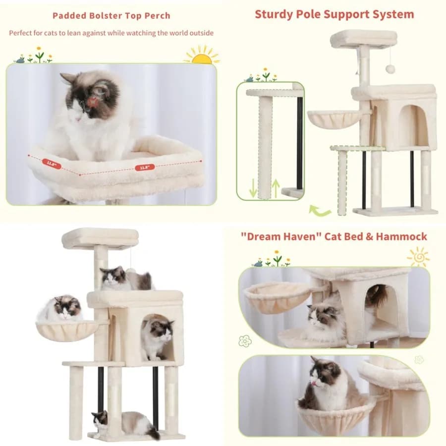 Torre Tiragraffi per Gatti con Cuccia Accogliente, Letto Imbottito, Amaca, Sdraio in Peluche, Palo in Sisal e Pallina per Gattini, MPJ009S