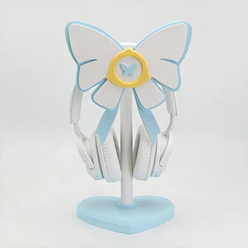 Supporto per Cuffie Blu e Bianco a Forma di Fiocco, Personalizzato in PLA, Ergonomico per Esports e Gaming, Accessorio Regalo