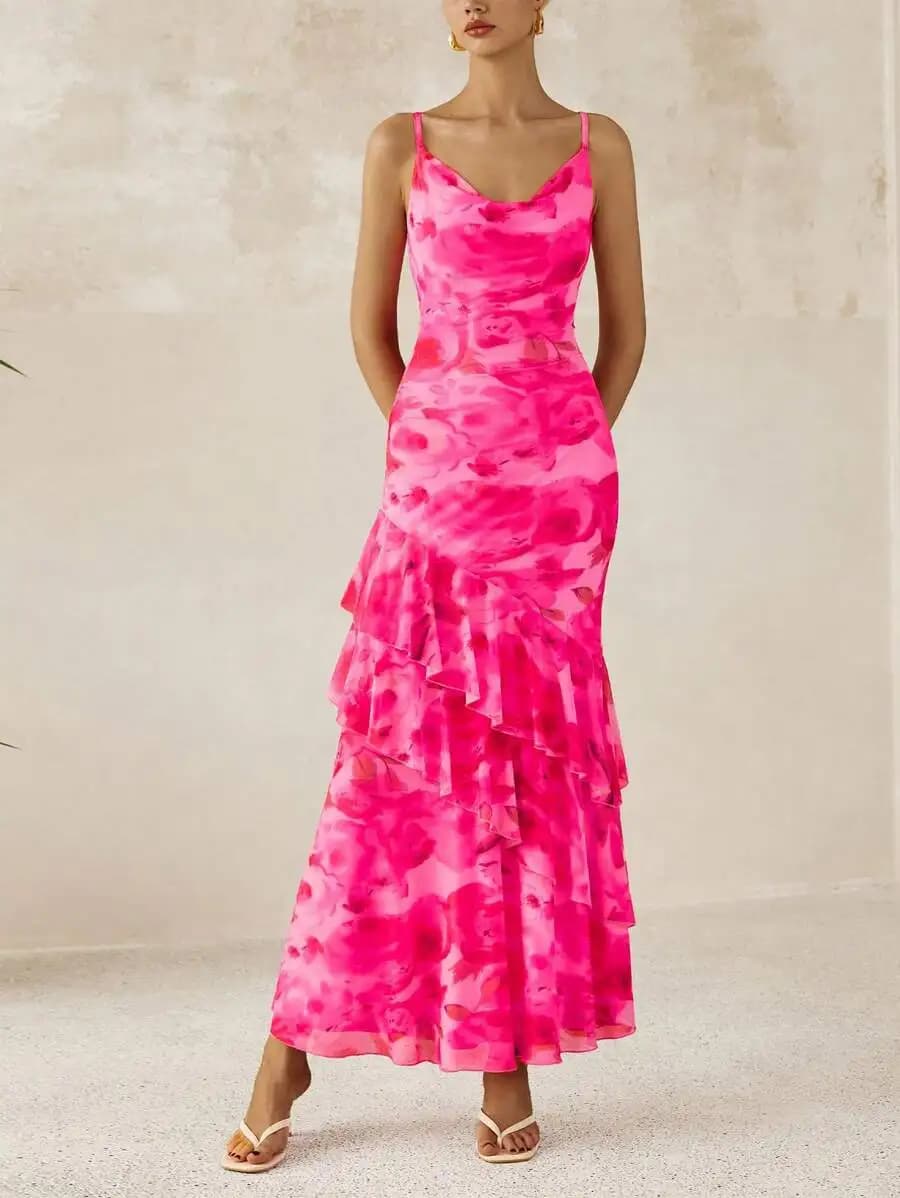 Womens Long Floral Ruffled Sundress With Thin Straps For Summer Beach Wedding Guest
