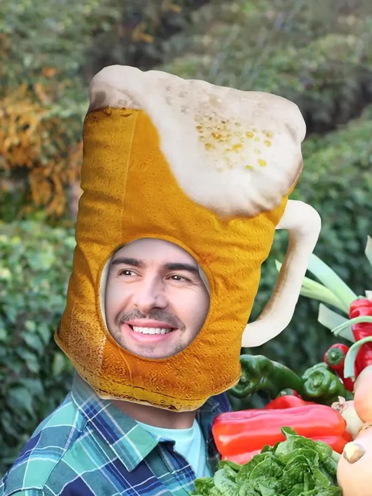 Cappello da tazza di birra in peluche Divertente costume da birra Stein Copricapo per adulti Copricapo cosplay leggero Puntelli per foto per carnevale sul palco