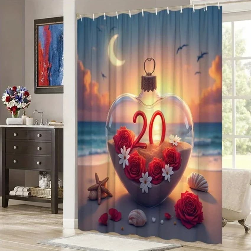 1pc Heart-Shaped Glass Ornament Shower Curtain - Red Roses, Beach Sunset, Seashells, Valentine's Theme, Polyester