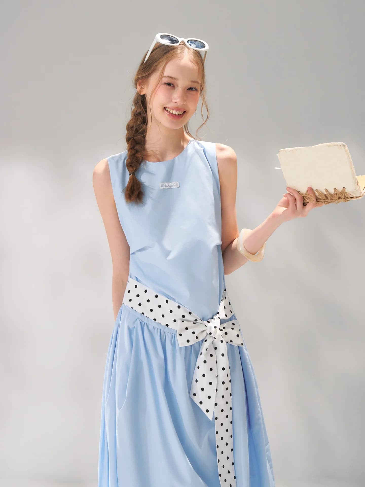 Abito lungo a pois AsGony con fascia, stile vintage, senza maniche, casual, traspirante, per donna