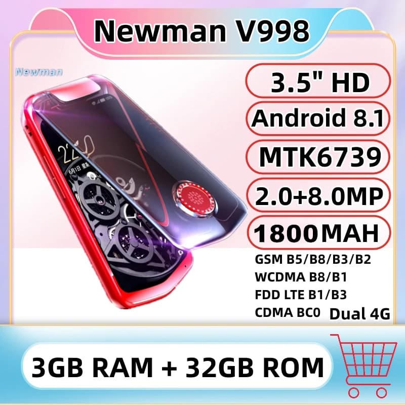Newman V998 Dual 4G Flip Smartphone 3GB RAM 32GB ROM 3.5 "Quad Core Android 7.0 8.0MP 1800mAh Telefono cellulare a conchiglia trasparente