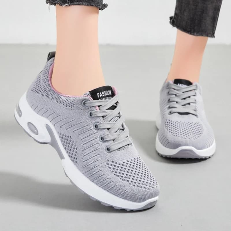 2026 Women's Gray & Pink Mesh Lace-Up Platform Sneakers Lightweight Breathable Casual Walking Shoes Q-386