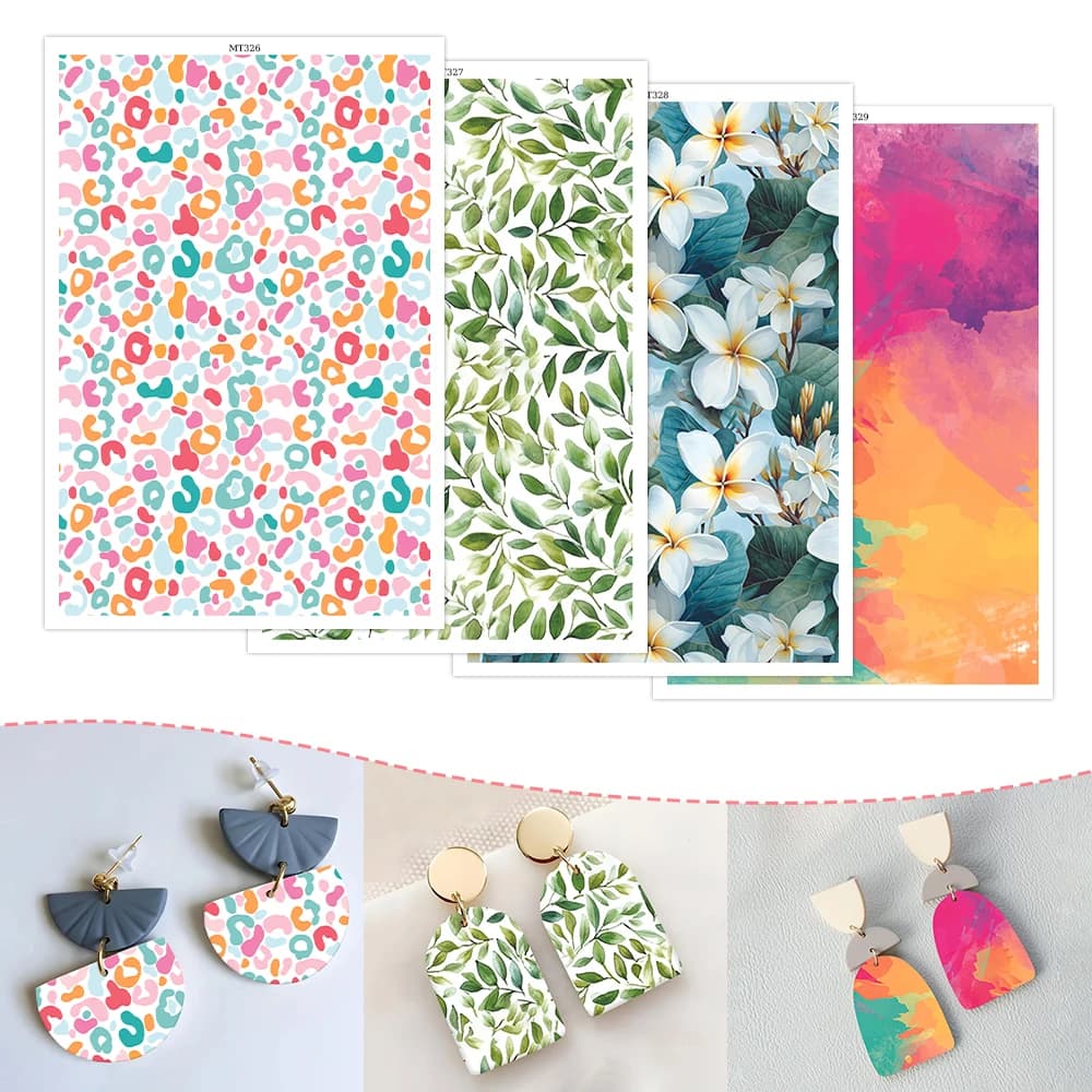 Adesivi di carta per trasferimento in argilla polimerica con foglie di fiori colorati, modello astratto, per orecchini gioielli fai da te, creazione di carta da stampa