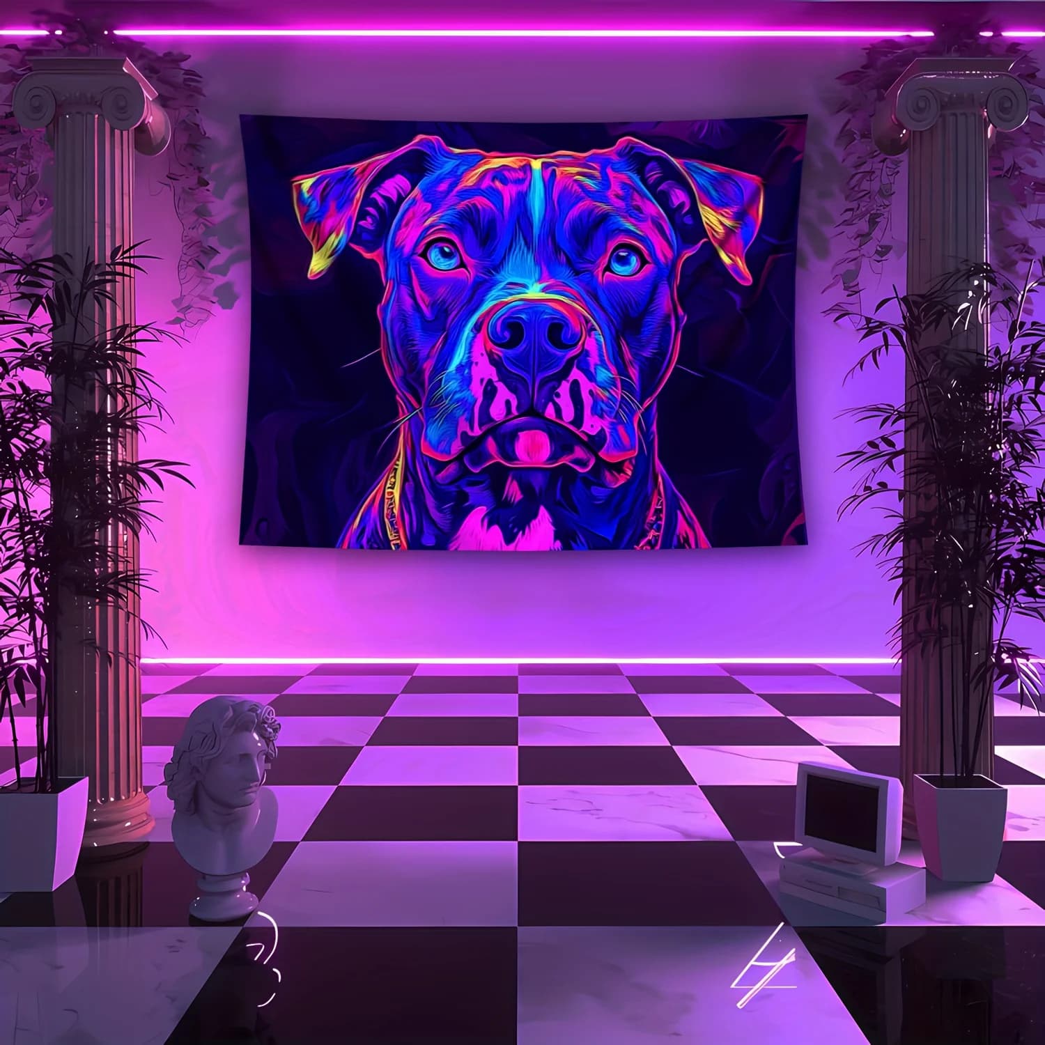 VIKAMA Cyber Neon Dog Art Arazzo Vibrante Soggiorno Decor Trendy Space Party Accento Soggiorno Caratteristica Decorazione della stanza da parete
