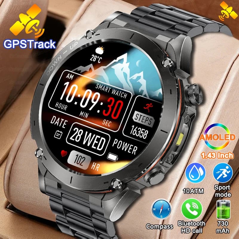 2025 NEW Built-In GPS Outdoor 10ATM Professional Waterproof Swim Smart Watch Men Compass 730mAh Large Battery Sport Smart Watch