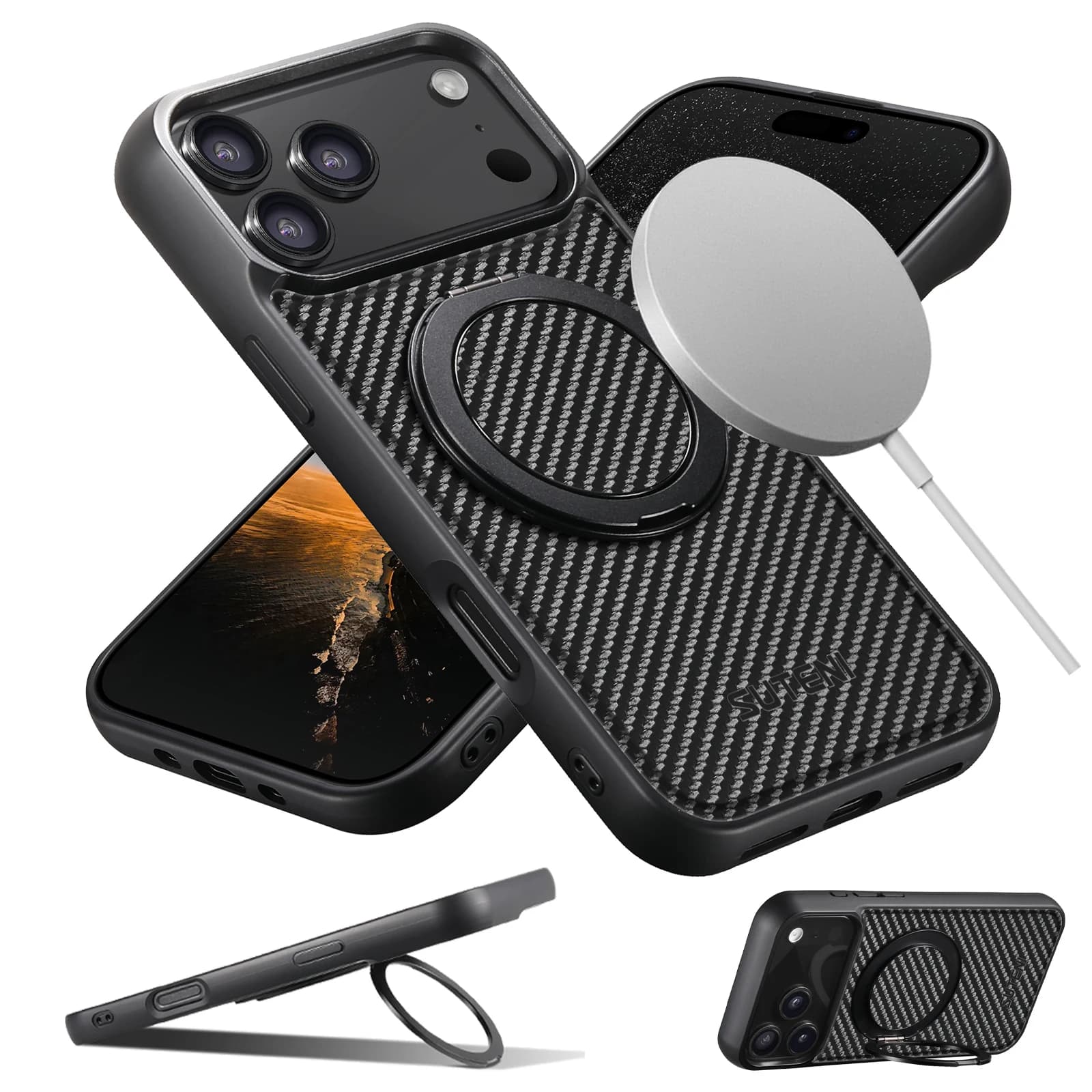Custodia per cellulare con ricarica wireless magnetica SUTENI 360 ° Fibbia ad anello in ecopelle con supporto girevole per iPhone 17 Pro Max 16 Plus 15