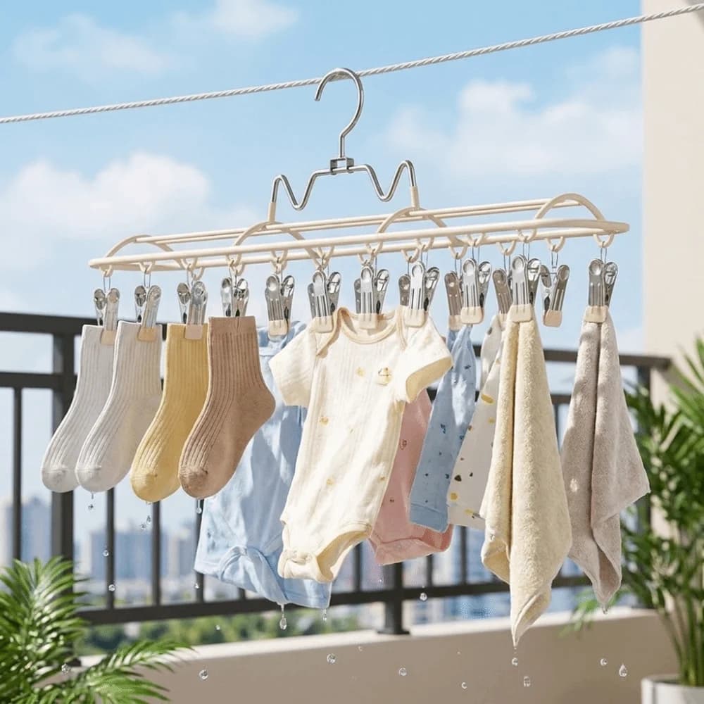 Windproof Clothes Drying Hanger with 20 Clips Stainless Steel Sock Drying Rack Anti-slip Rustproof Clothes Hanger Outdoor Drying