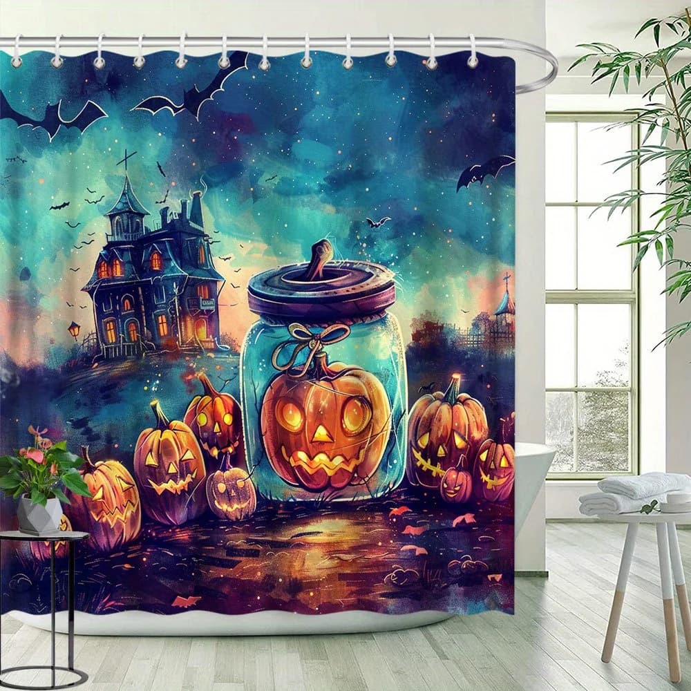 Tenda da doccia di Halloween, lanterna di zucca e casa fantasma, scena notturna, tema fantasy, poliestere, 12 ganci