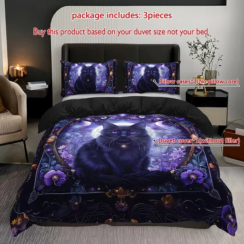 Set copripiumino per biancheria da letto con gatto nero mistico da 3 pezzi Set trapunta per biancheria da letto con gatto illuminato al luna Set letto a tema floreale viola Elegante luna e stelle