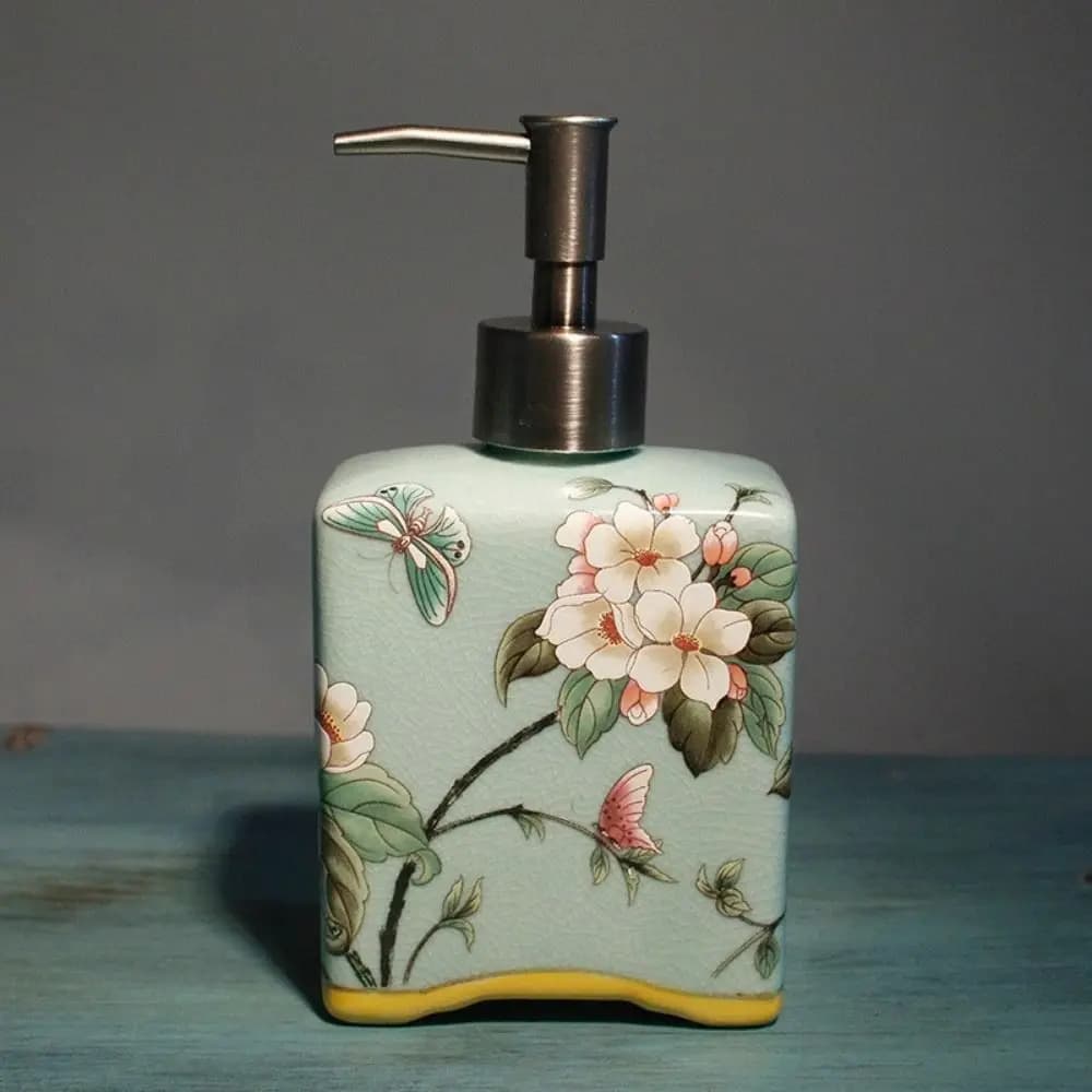 Dispenser di Sapone Vintage Ricaricabile, Bottiglie in Porcellana Floreale con Pompa per Lozione, Stile Cinese, Bottiglia per Sapone in Ceramica Antiscivolo