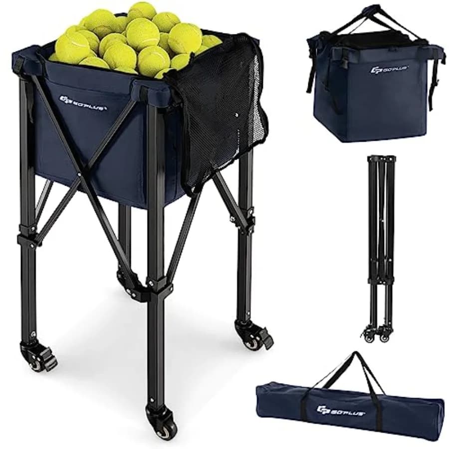 Cesto Pieghevole per Palline da Tennis in Alluminio Leggero con Ruote, Borsa Rimovibile e Tasche Laterali, Borsa da Trasporto Portatile S