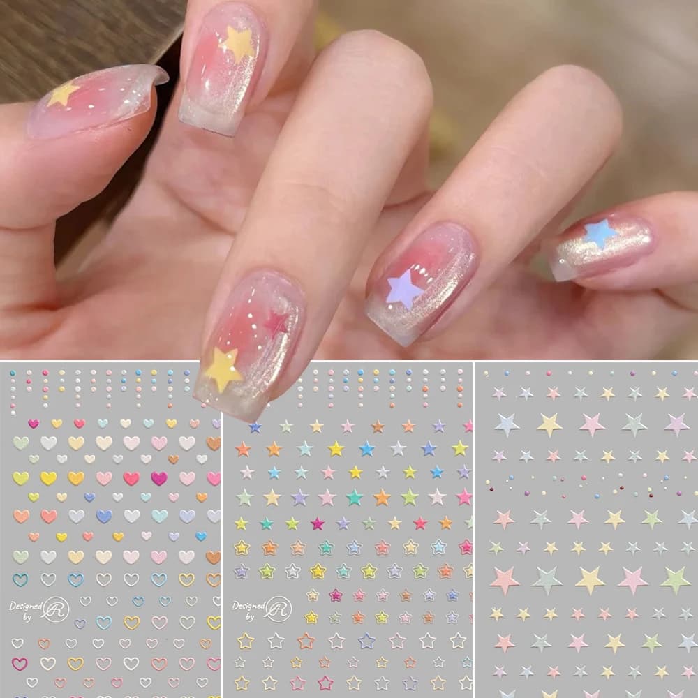 1pc 5D Relief Colorful Stars Nail Art Stickers Lovely Candy Colors Love Heart & Stars Nail Decals Adhesive Nail DIY Decorations