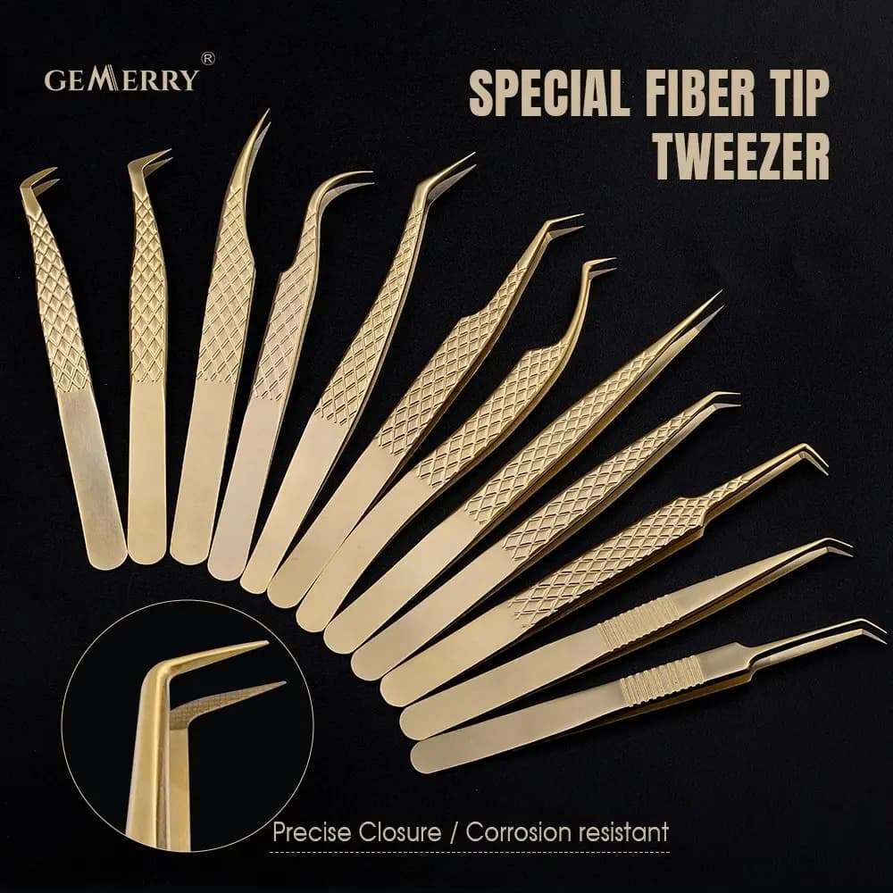 Punte in fibra Gemerry Estensione ciglia 1 pz Pinzette Pinzette dorate in acciaio inossidabile ad alta precisione Ventole per volume Strumenti professionali