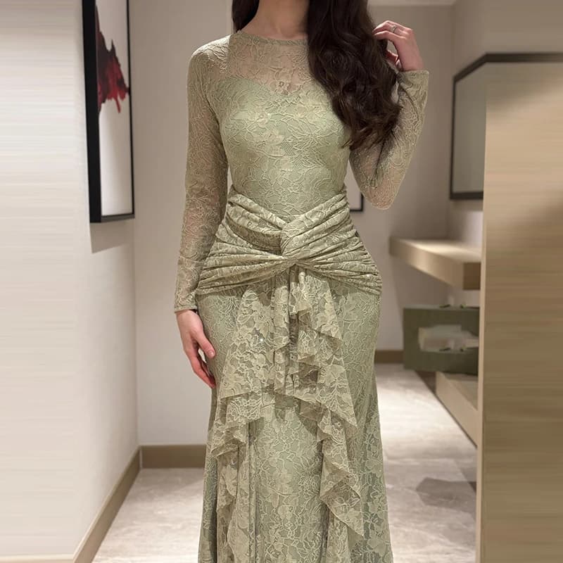 Spring Trendy Lady Banquet Dress New Lace Embroidery Solid Ruffles Evening Dress Elegant O-neck Long Sleeve Slim Wrap Hips Dress