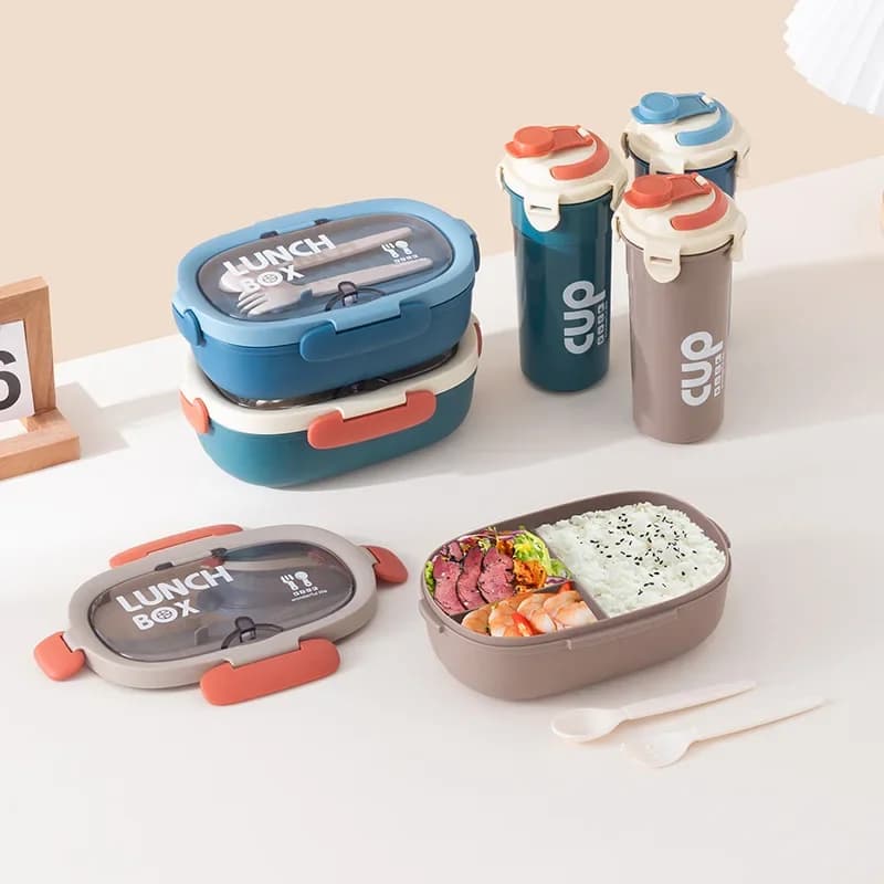 Scatola da pranzo per studenti a 3 scomparti con coperchio Cultery a prova di perdite Scuola Picnic Camping Food Snack Contenitore per frutta Bento Box Cup Set
