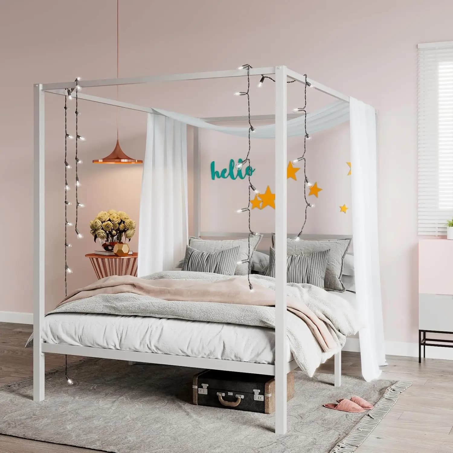 Double/basic canopy bed frame for mattress with metal slats / no need for spring box/ easy mounting/white