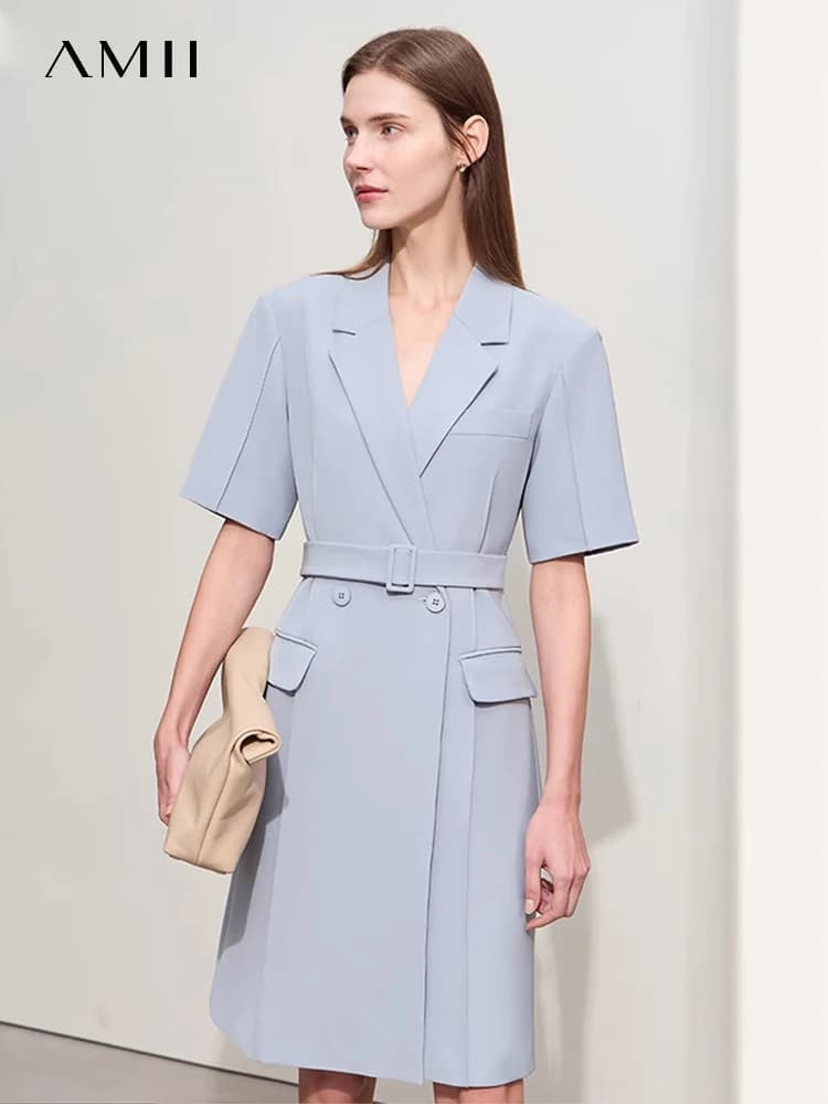 Amii Minimalism Blazer Dress For Women 2024 Primavera Nuovo colletto rovesciato con cintura Abito a pieghe stuzzicadenti a maniche corte 12441198