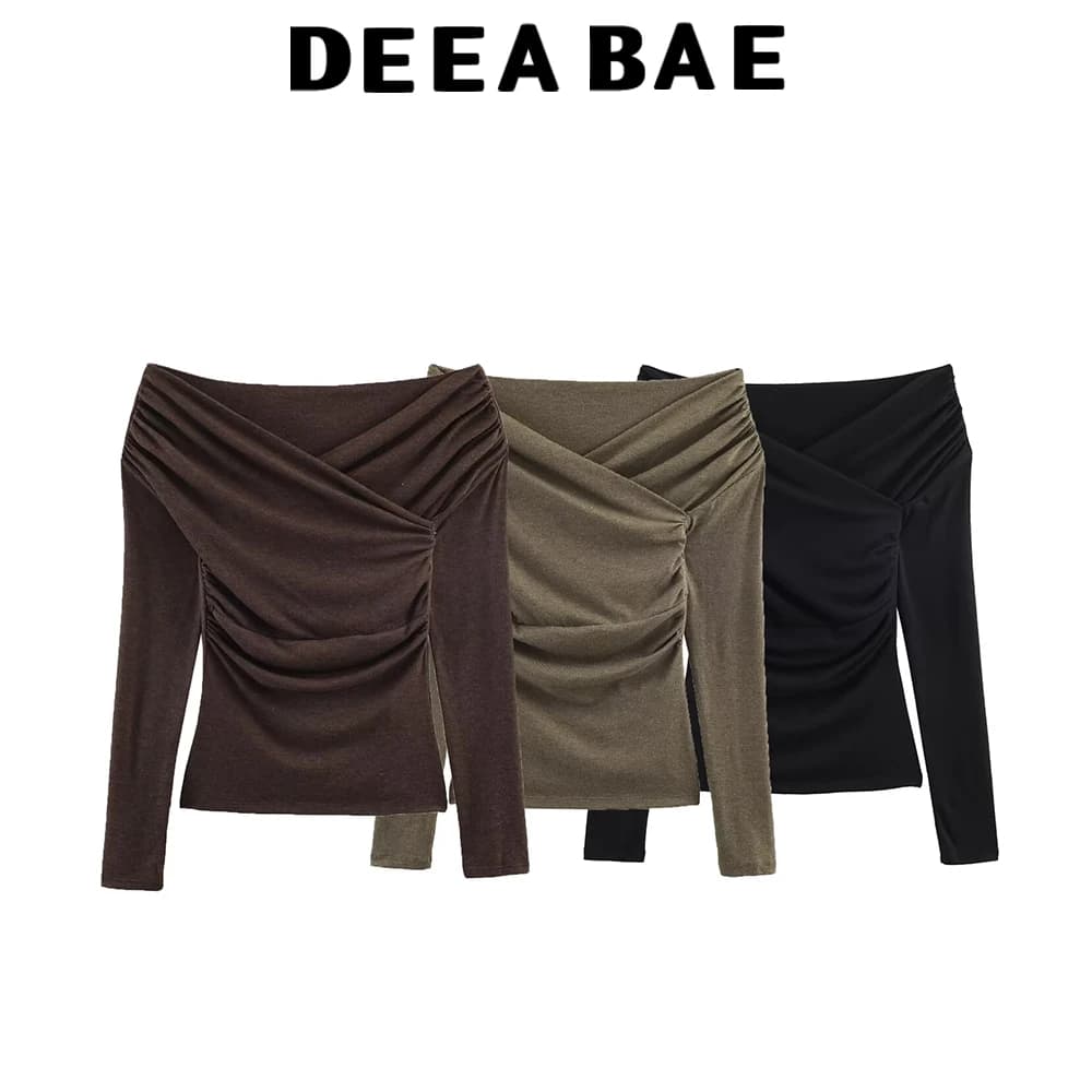 DEEABAE T-shirt a maniche lunghe a pieghe con doppio colletto a maniche lunghe versione slim fit da donna nuovo prodotto invernale in stile europeo e americano