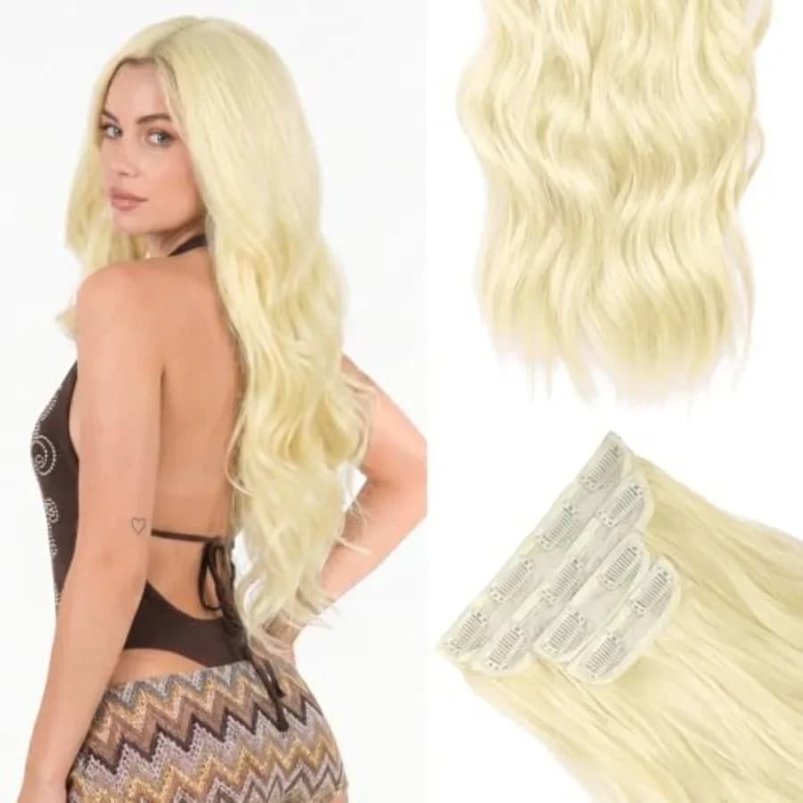 Clip in Hair Extensions 4Pcs Long Wavy Synthetic Hair Pieces for Women Silky Natural Long Thick Full Head Hairpiece Wedding, Pa