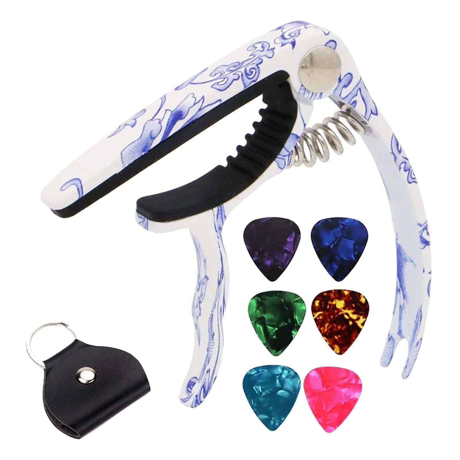 Capotasto per Chitarra in Porcellana Blu e Bianca, Custodia per Plettri, Clip Diacritica per Chitarra Acustica, Ukulele, Plettri per Chitarra Acustica