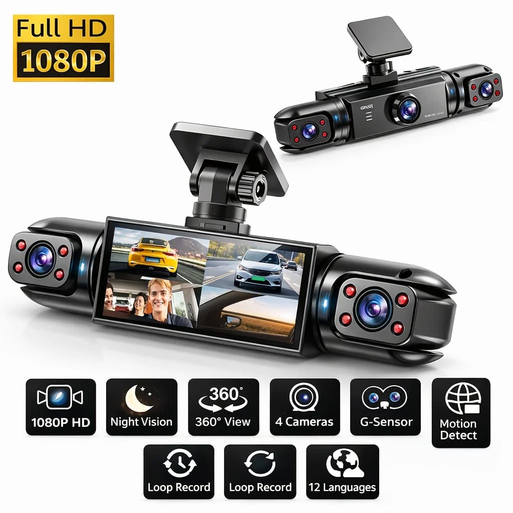 Dash Cam HD a Quattro Telecamere | 360 ° Telecamera con Schermo da 3,6 Pollici, Visione Notturna a Infrarossi con Esposizione Dinamica, Registrazione in Loop, Blocco in Caso di Collisione e Rilevamento Parcheggio