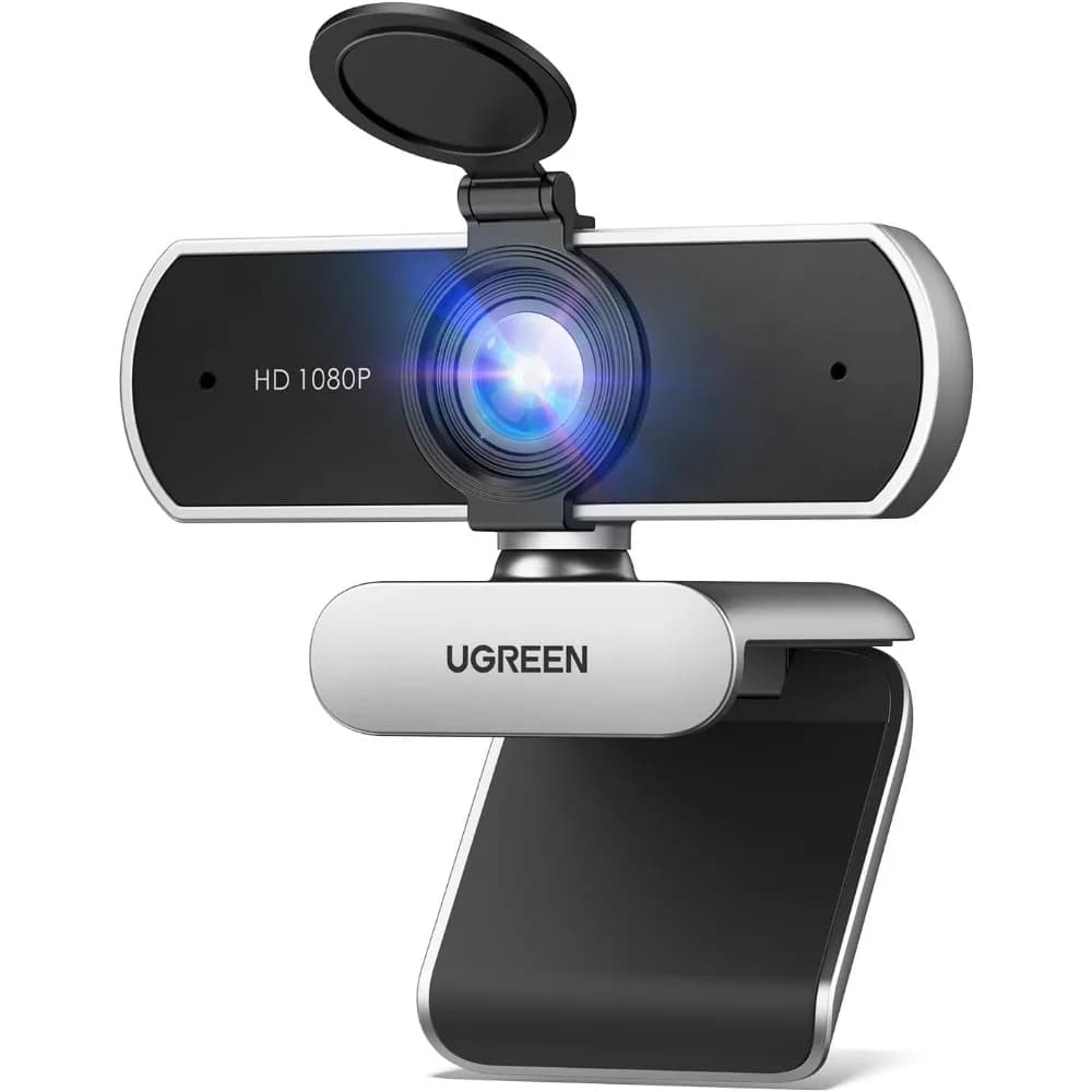 1080P Webcam, Microphone, Noise-Canceling, 85° Fov, Plug & Play, Auto Light, Privacy Cover for Video Calls, Silver Grey