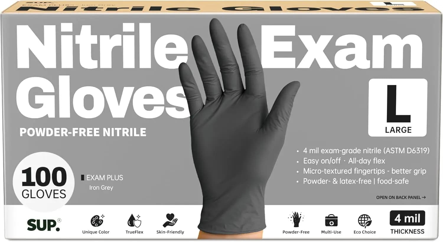 100 Count Black Nitrile Exam Gloves, Powder-Free, Latex-Free, Food Safe, Disposable