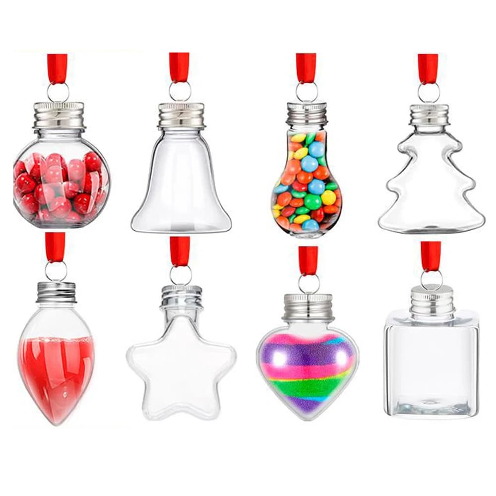 8 Palline di Natale Trasparenti in Plastica a Forma Diversa, Riempibili con Liquore o Acqua, Decorazioni per Feste e Casa