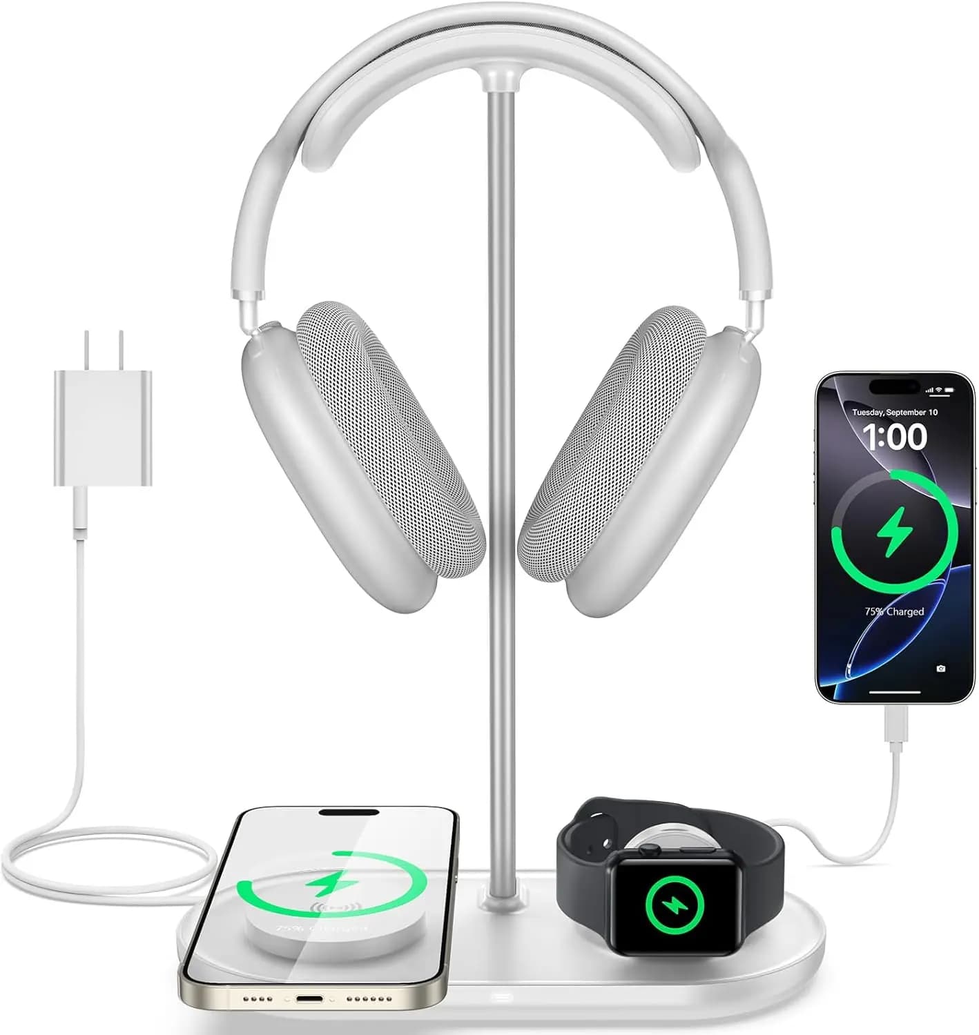 Supporto per Cuffie con Ricarica Wireless 5-in-1 e Porta USB-C, Organizzatore Universale da Scrivania, Bianco