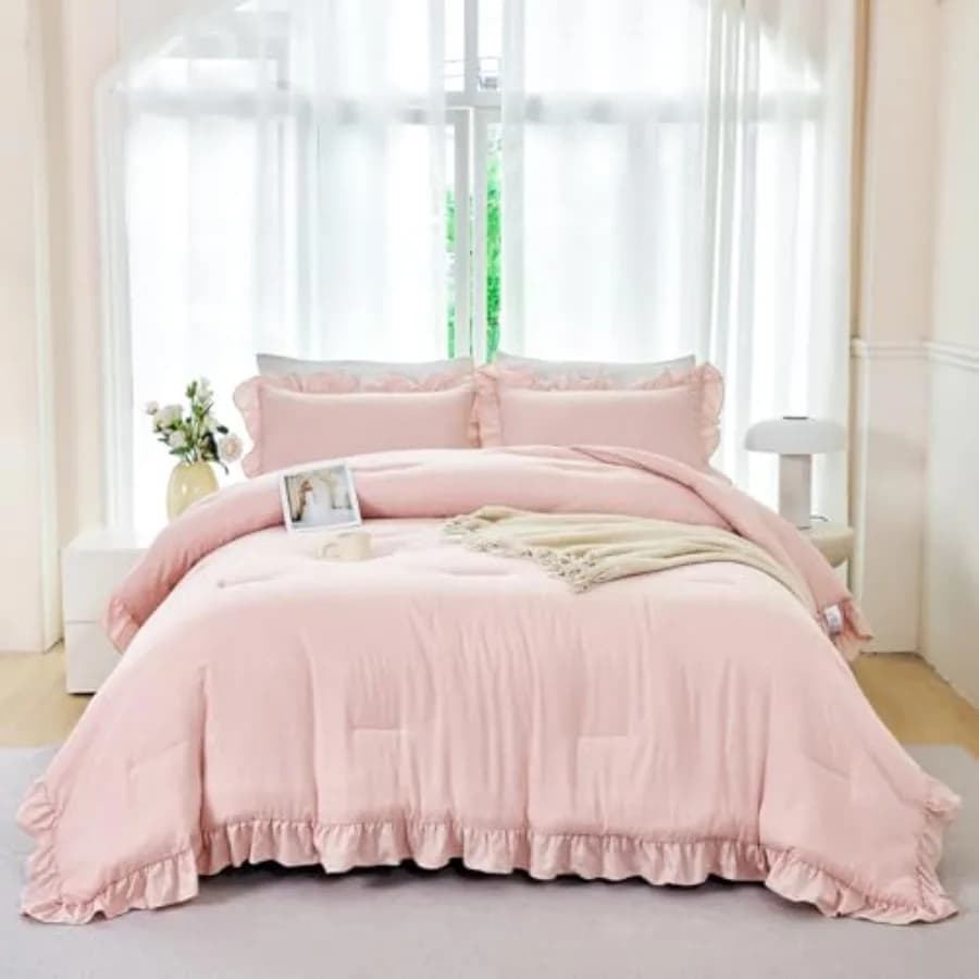 Set di 5 Pezzi Copripiumino Arricciato Stile Rustico con Volant Stratificato, Set Biancheria da Letto Morbido e Leggero con Lenzuola e Federe