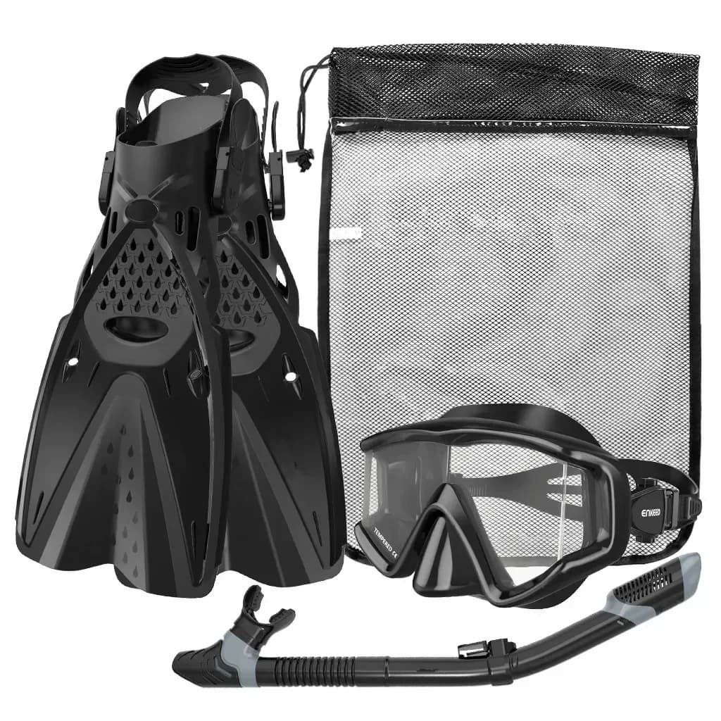 Maschera Subacquea Integrale a Tre Finestre, Boccaglio Full-Dry, Pinne Regolabili, Set Snorkeling Tre Pezzi