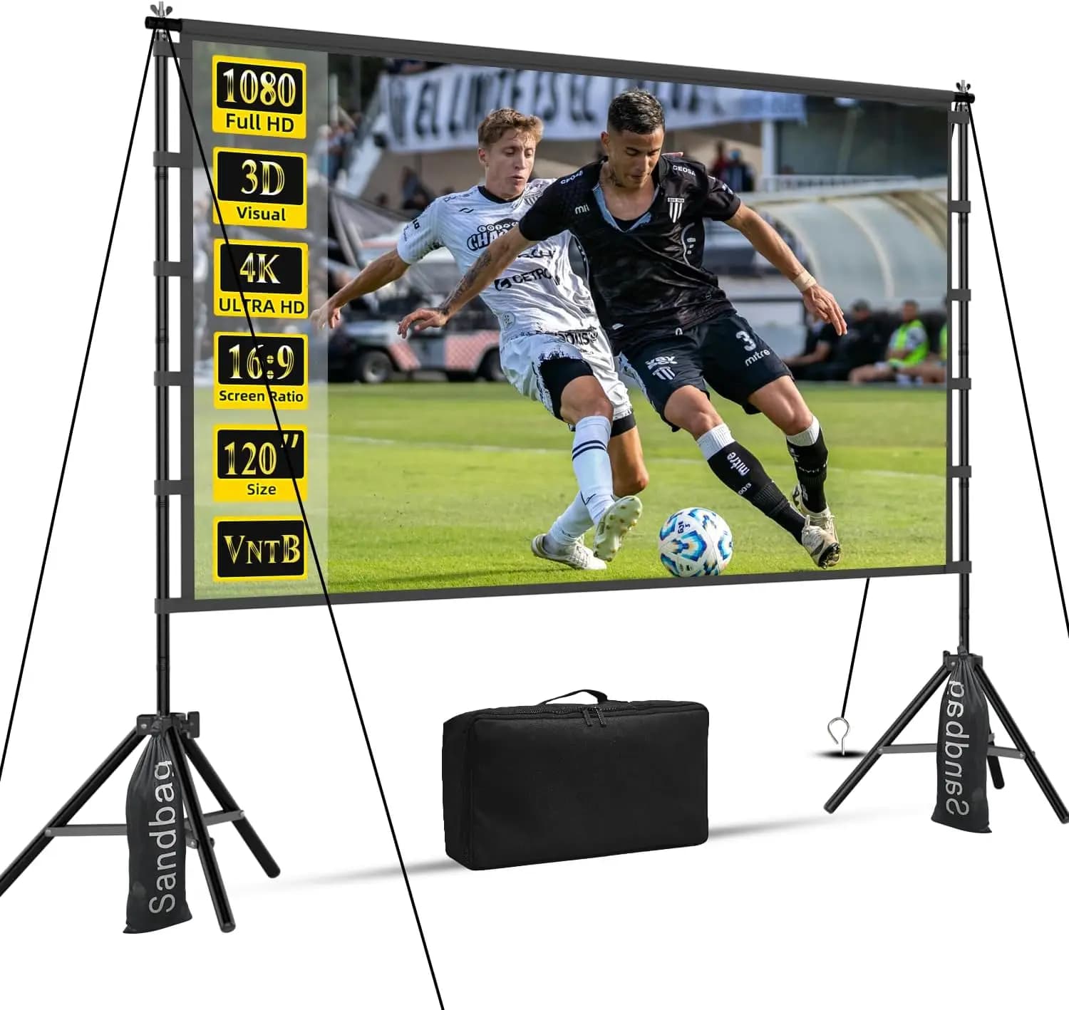 Schermo per Proiettore Portatile da 120 Pollici con Supporto, Senza Pieghe, 4K, Bifacciale per Home Theater Interno/Esterno