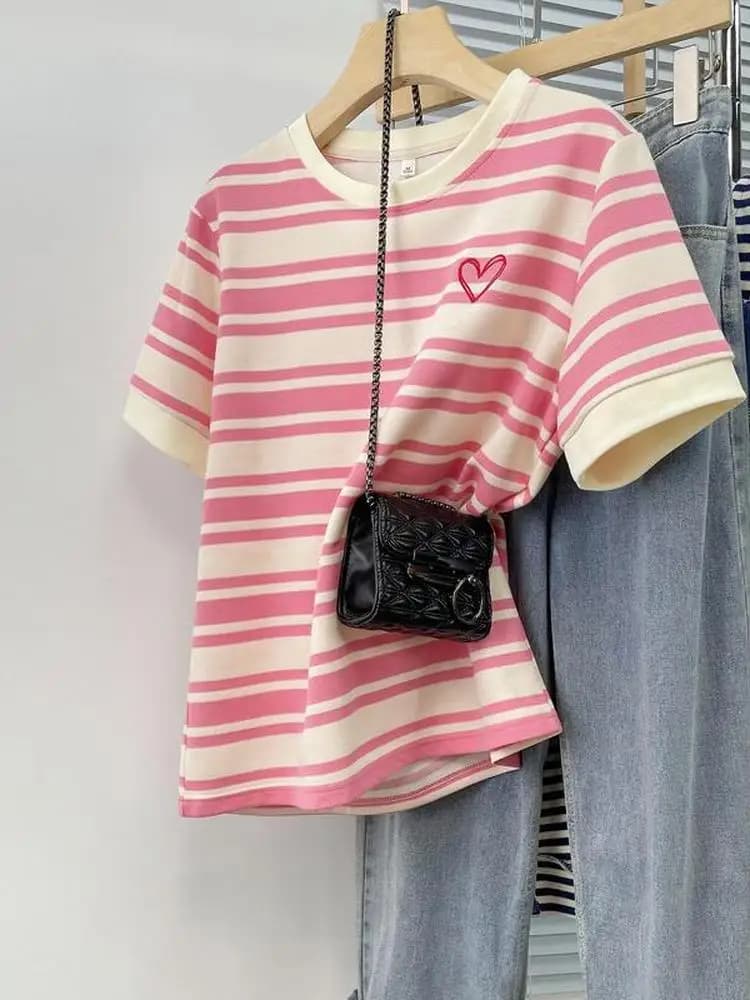 T-shirt da donna girocollo a maniche corte ricamata a righe in cotone anti-pilling stile casual alla moda Estate 2026