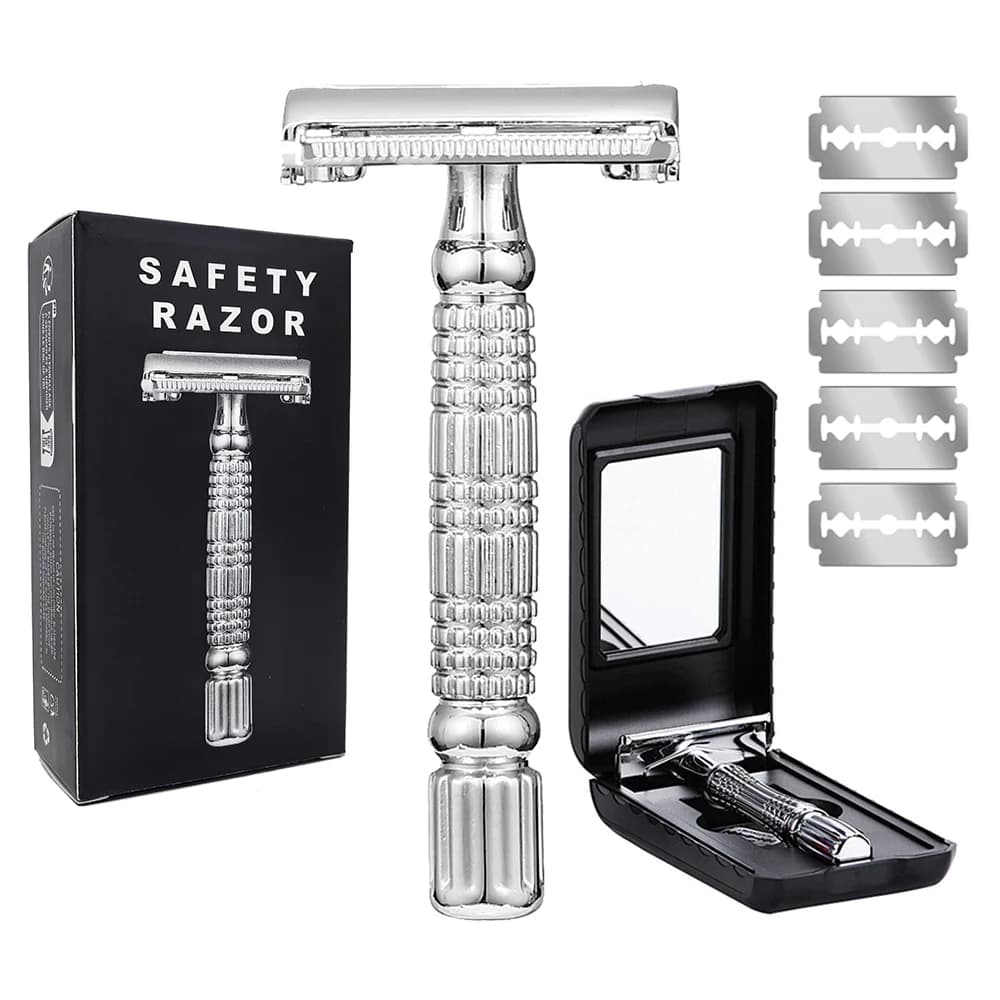 Double Edge Safety Razor Old-fashioned Metal Shaver Beard Barber Wet Shaving Twist Open for Men Women With 5 Blades and Mirror
