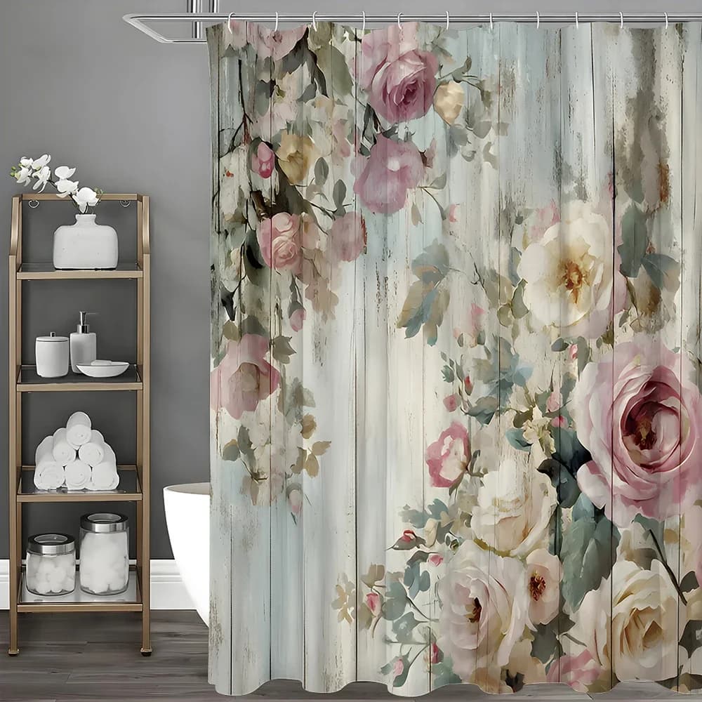 Tenda da doccia artistica con pannello in legno con fiori di rosa, tenda da doccia decorativa per bagno, tenda da doccia impermeabile con ganci
