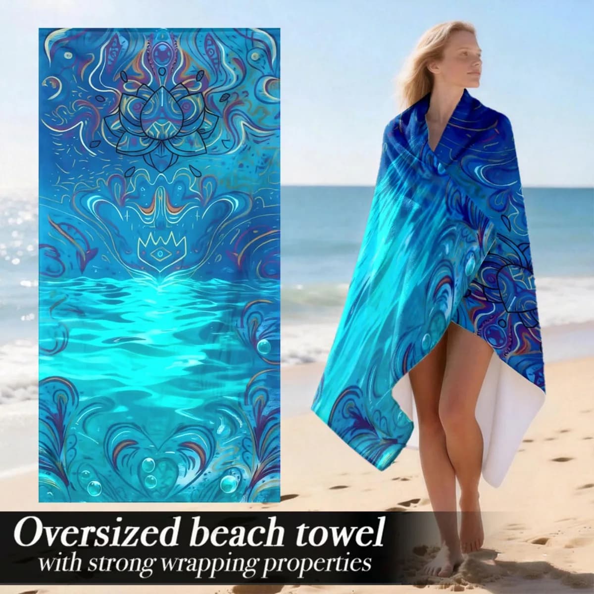 Telo mare oversize Boho Lotus con motivo a fiori di loto, protezione solare e antivento, adatto per piscina, campeggio, viaggi, coperta.