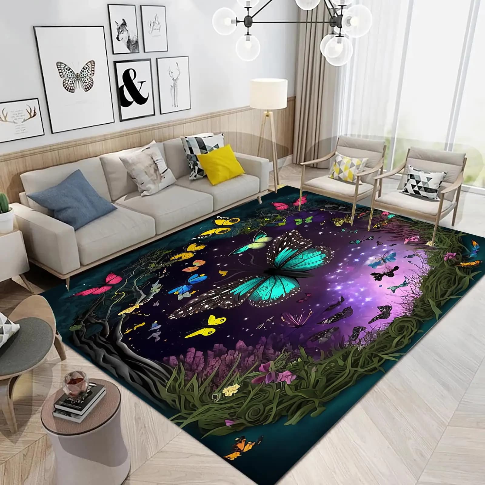 Tappeto Boho Butterfly per comodino, Tappeto stile sogno, Tappetino per interni con tema romantico con motivo a farfalle della giungla per soggiorno