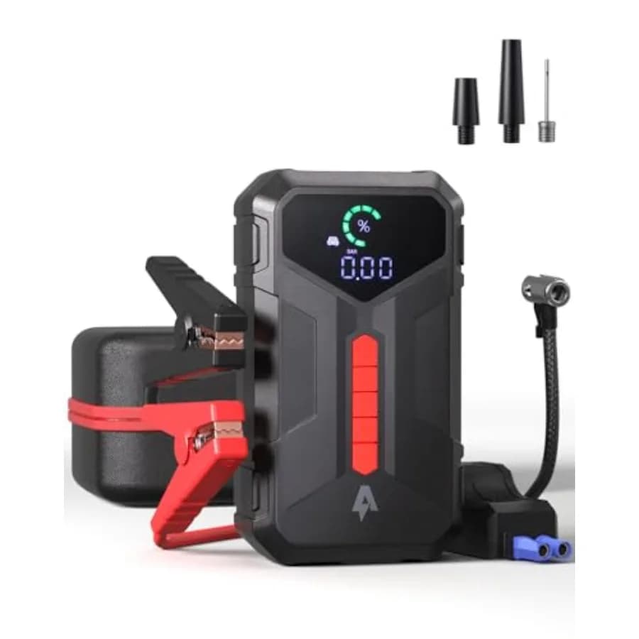 Avviatore di emergenza 4000A con compressore d'aria da 150 PSI per auto, batteria al litio 12V, nero, avviatore portatile all-in-one per motori a benzina 8.5L/diesel 7L