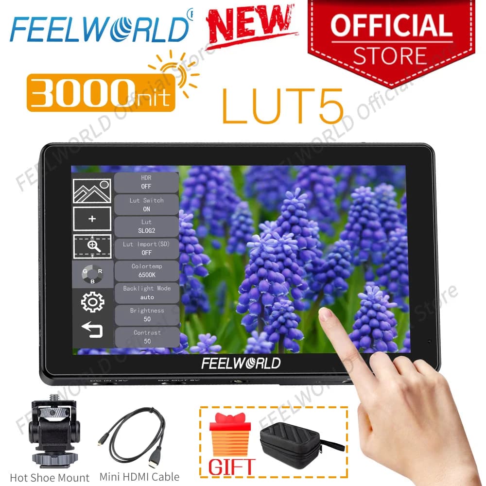 FEELWORLD Monitor da campo per fotocamera DSLR da 5,5 pollici ultra alto luminoso 3000nit 4K ingresso HDMI uscita touch screen con kit di installazione LUT5