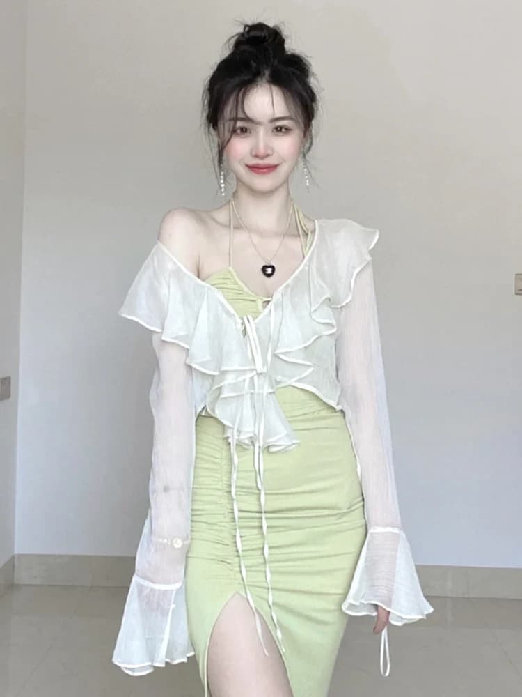 Summer New Style Short Sleeveless Lace Trim Sun Protection Shirt with Sari Skirt Outer Small Shawl Breathable Korean Version