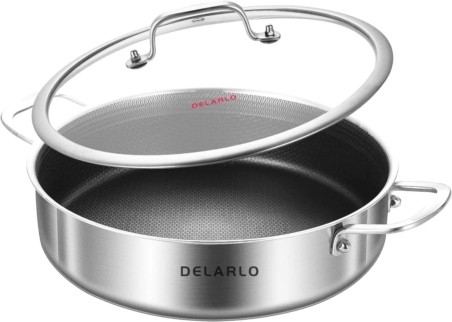 12 inch stainless steel pan with lid, triple layer construction for uniform heating, suitable for oven up to 660 degrees. F