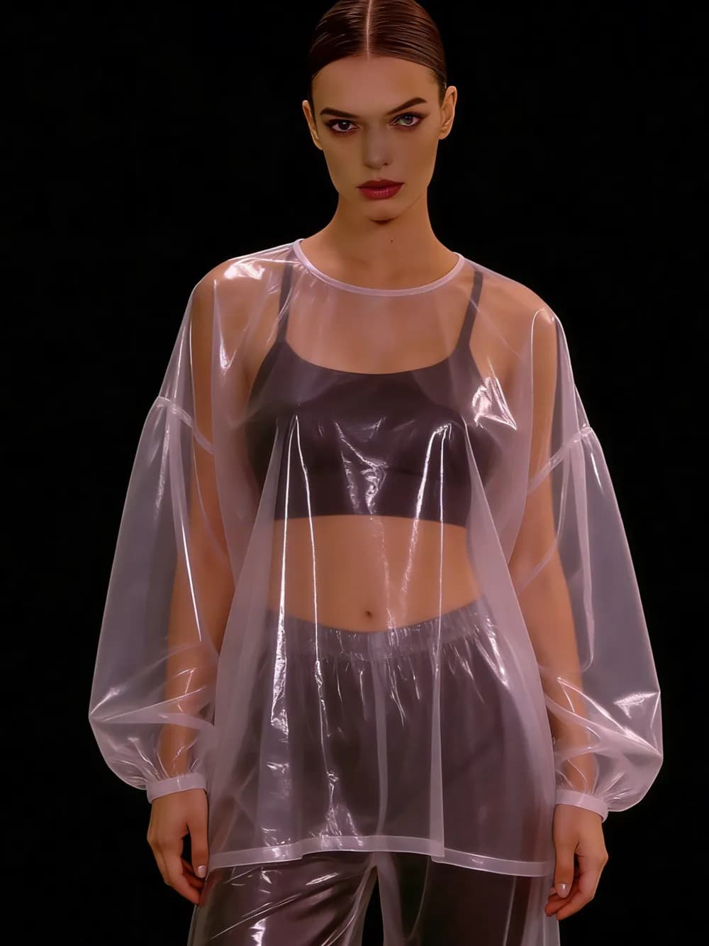 Adult See Through Clear Costumes Thin Transparent PVC Blouse Long Sleeves Tops Loose Suitable Stage Performances Sexy Show Top