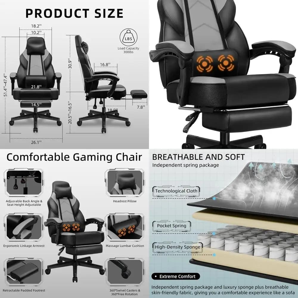 Sedia da gioco, sedia per computer con poggiapiedi e supporto lombare, sedia per videogiochi regolabile in altezza, sedia per computer stile corsa con spirito