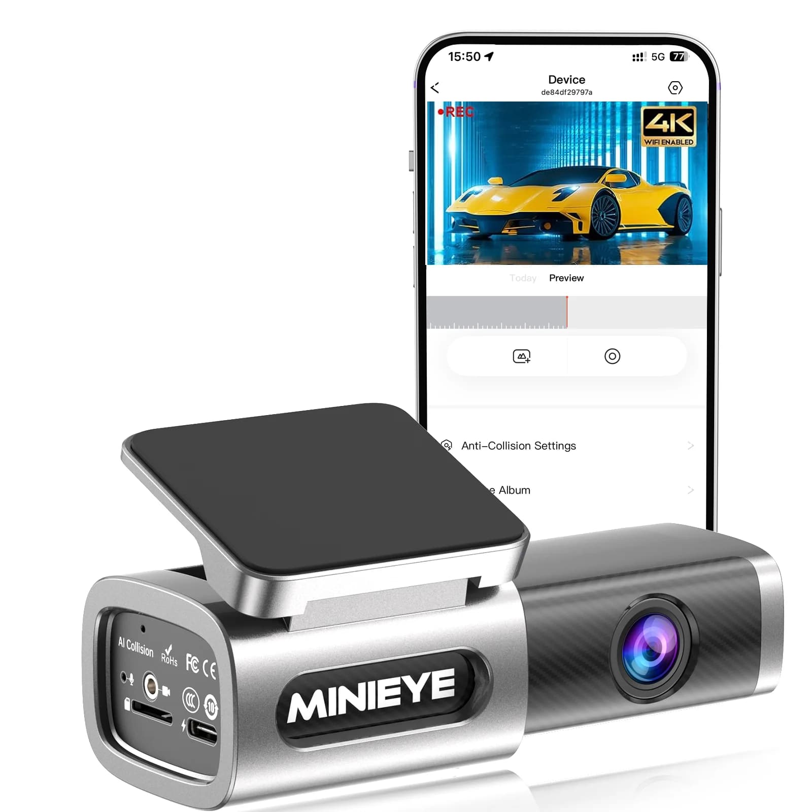 Dash Cam 4K with ADAS 170 ° Grandangle warning with technology to avoid AI collisions for night vision