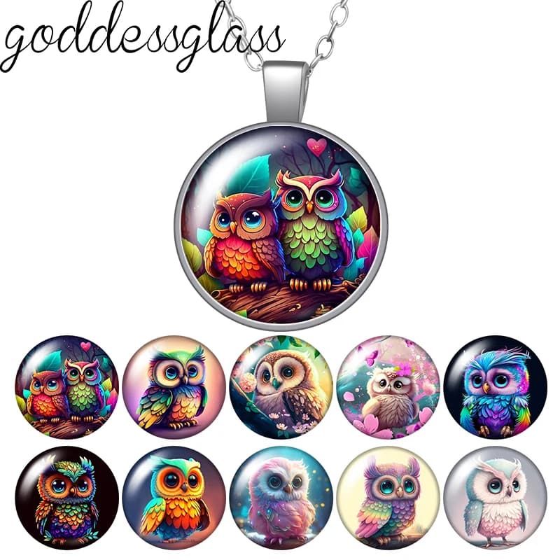 New Owl Cute cartoon owl Colored Feather Round Glass cabochon necklace keychain brooch pin Aromatherapy car clips Custom jewelry