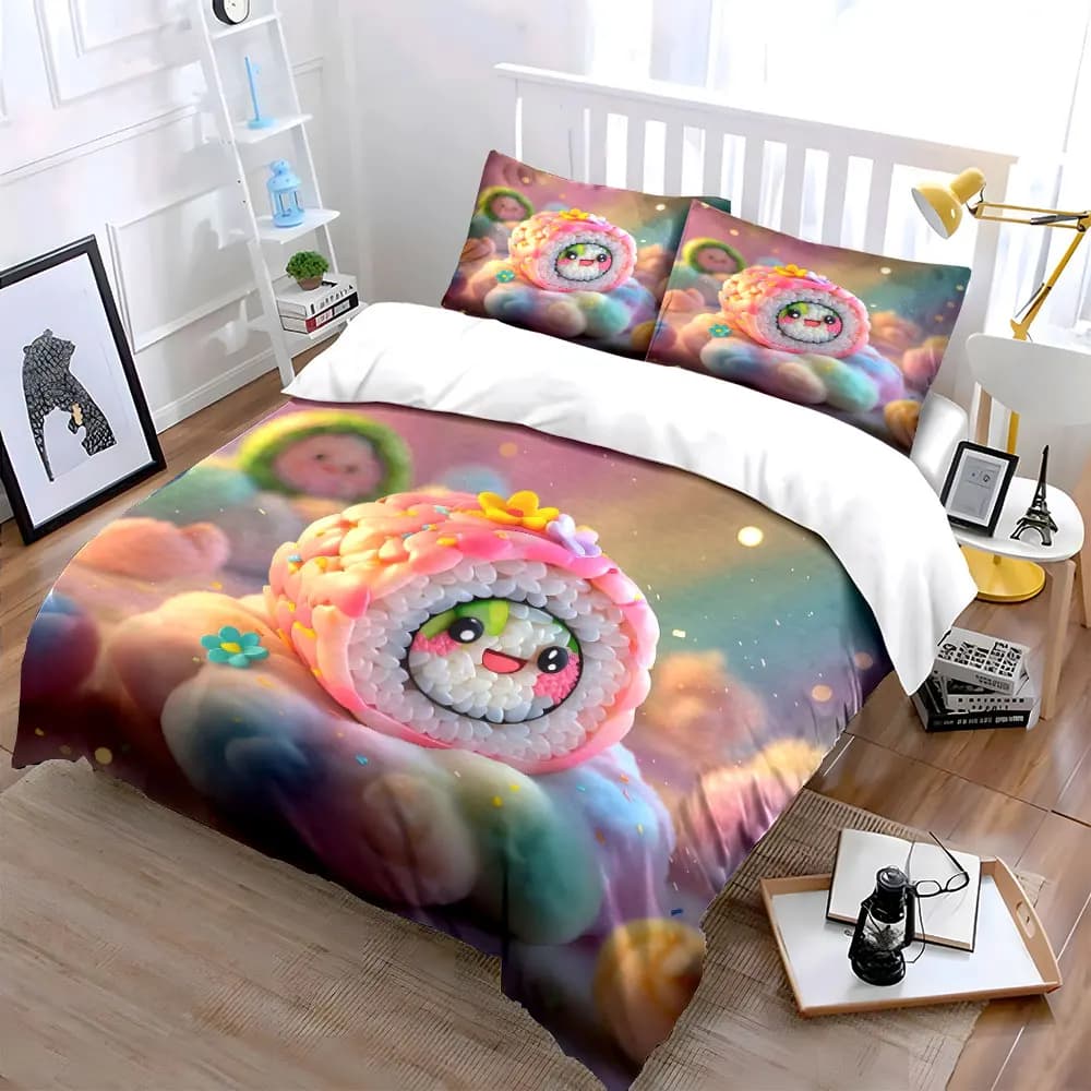 Set decorativo a tema sushi, per cameretta bambini, set di biancheria da letto morbido e delicato sulla pelle, include 1 copripiumino e 2 federe, idea regalo
